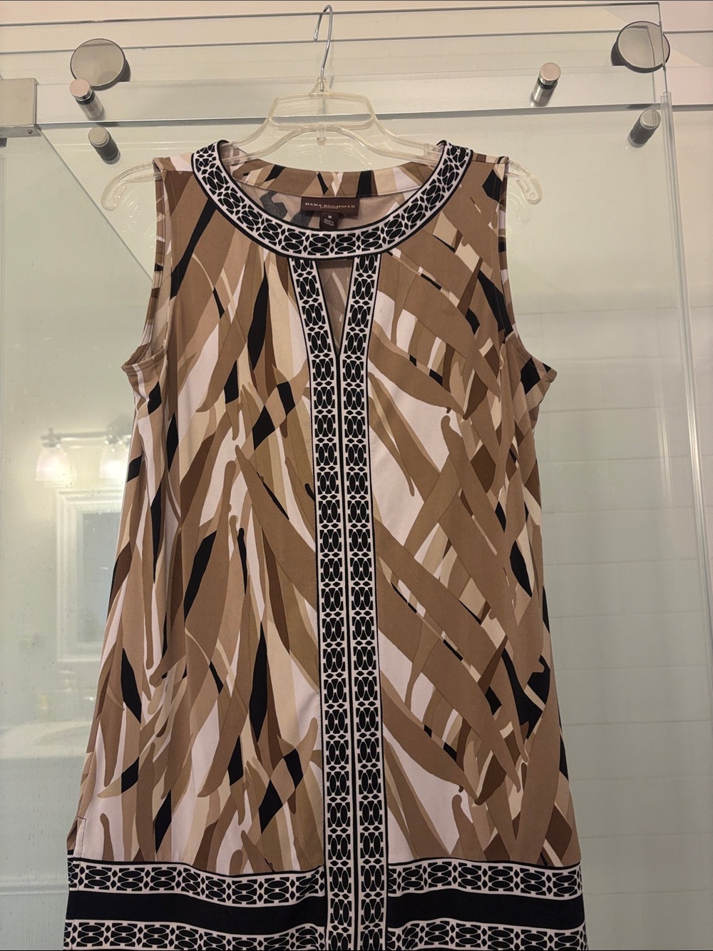 Dana Buchman Tan, Black & White Printed Tunic with Contrast Trim